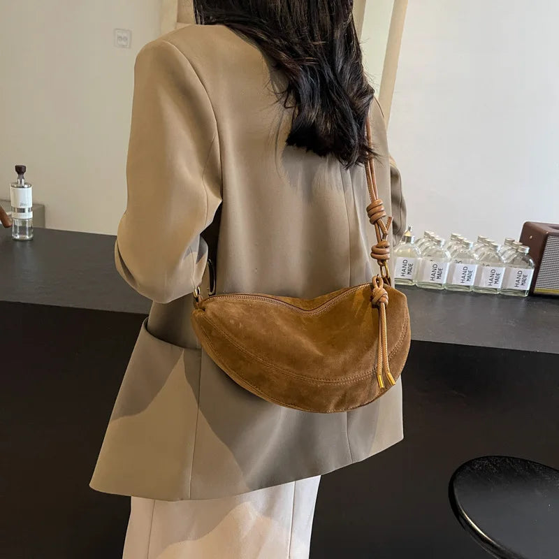 Women Faux Suede Shoulder Bag Underarm Crossbody Dumpling Bag