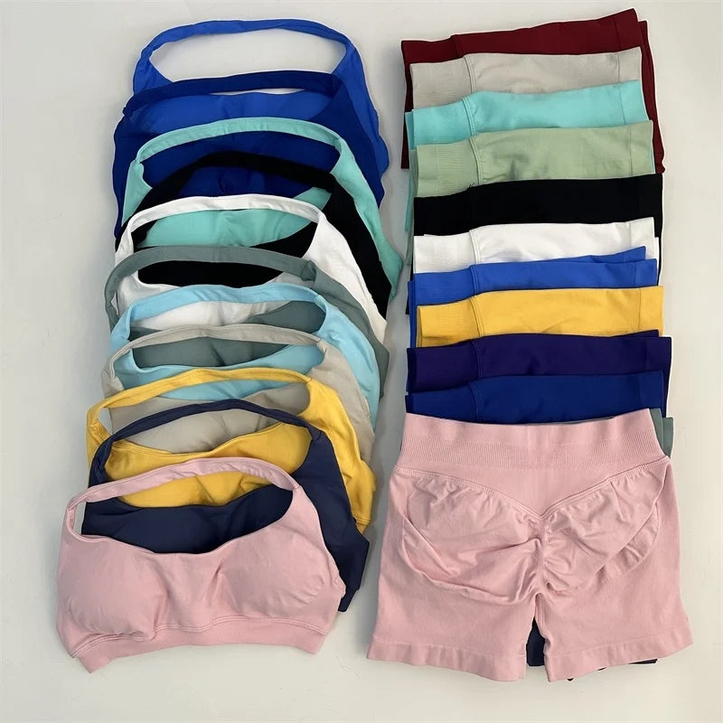 Seamless Yoga Set Halter Sports Bra Scrunch Shorts Gym Workout Fitness Set