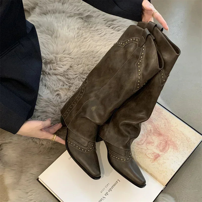 Women Cowgirl Boots Slip On Square Heel Long Pipe Retro Winter Boots