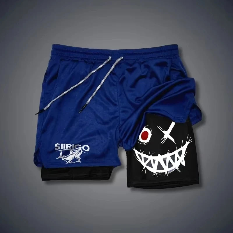 Men 2-in-1 Smiley Print Running Shorts Quick Dry Double Layer Fitness Training Sports Shorts