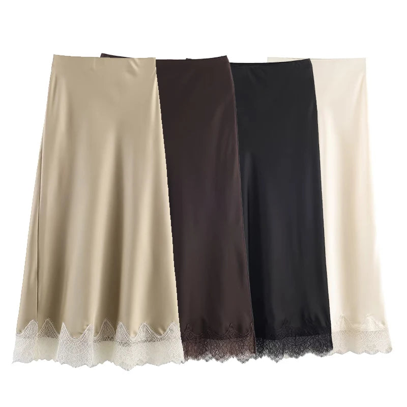 Women Lace Detail Pleated A Line Midi Skirt High Waist Elegant Skirt