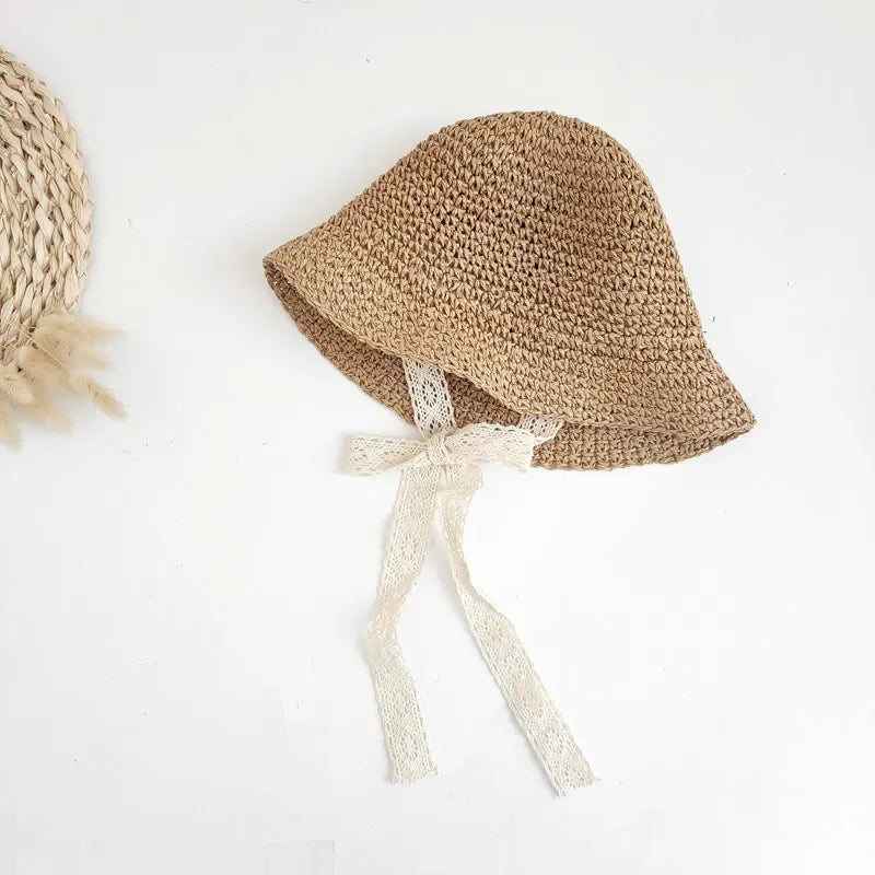 Kids Lace Straw Bow Summer Sun Hat Baby Girls Beach Panama Cap
