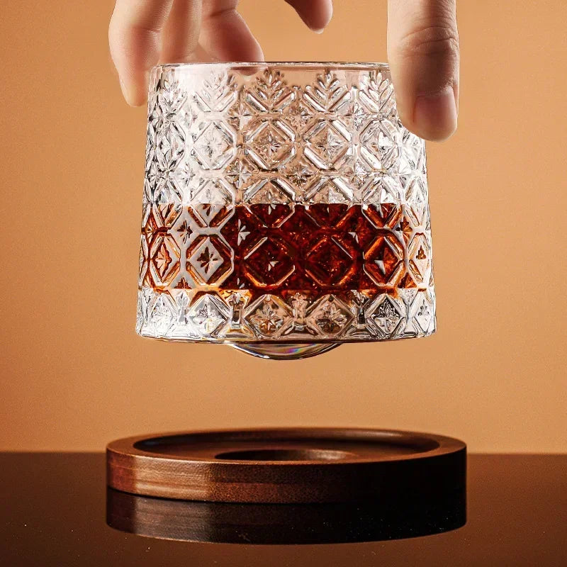 Crystal Whiskey Tumbler Rotating Spinning Glass with Base for Bar Home