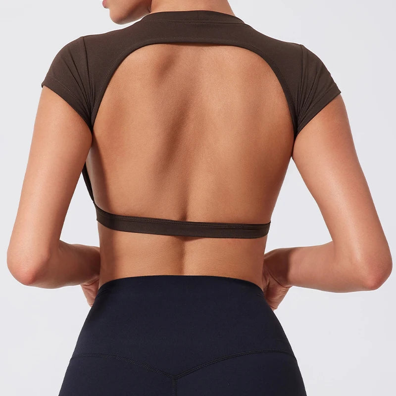 Women Backless Crop Top Quick Dry Yoga Gym Workout Sportswear Activewear