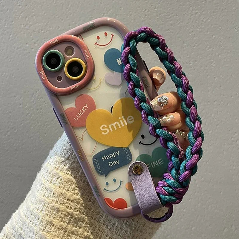 Cute Heart Wrist Chain Phone Case for iPhone with Lanyard Strap Protective Cover