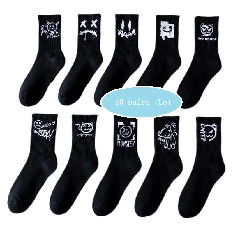 Cotton Harajuku Graffiti Long Socks Black White Anime Hip Hop Funny Fashion Socks 10 Pairs