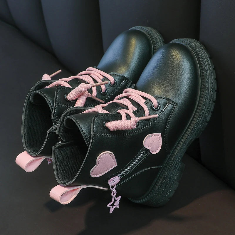 Girls Pink Love Side Zip Winter Boots Soft Sole PU Princess Shoes