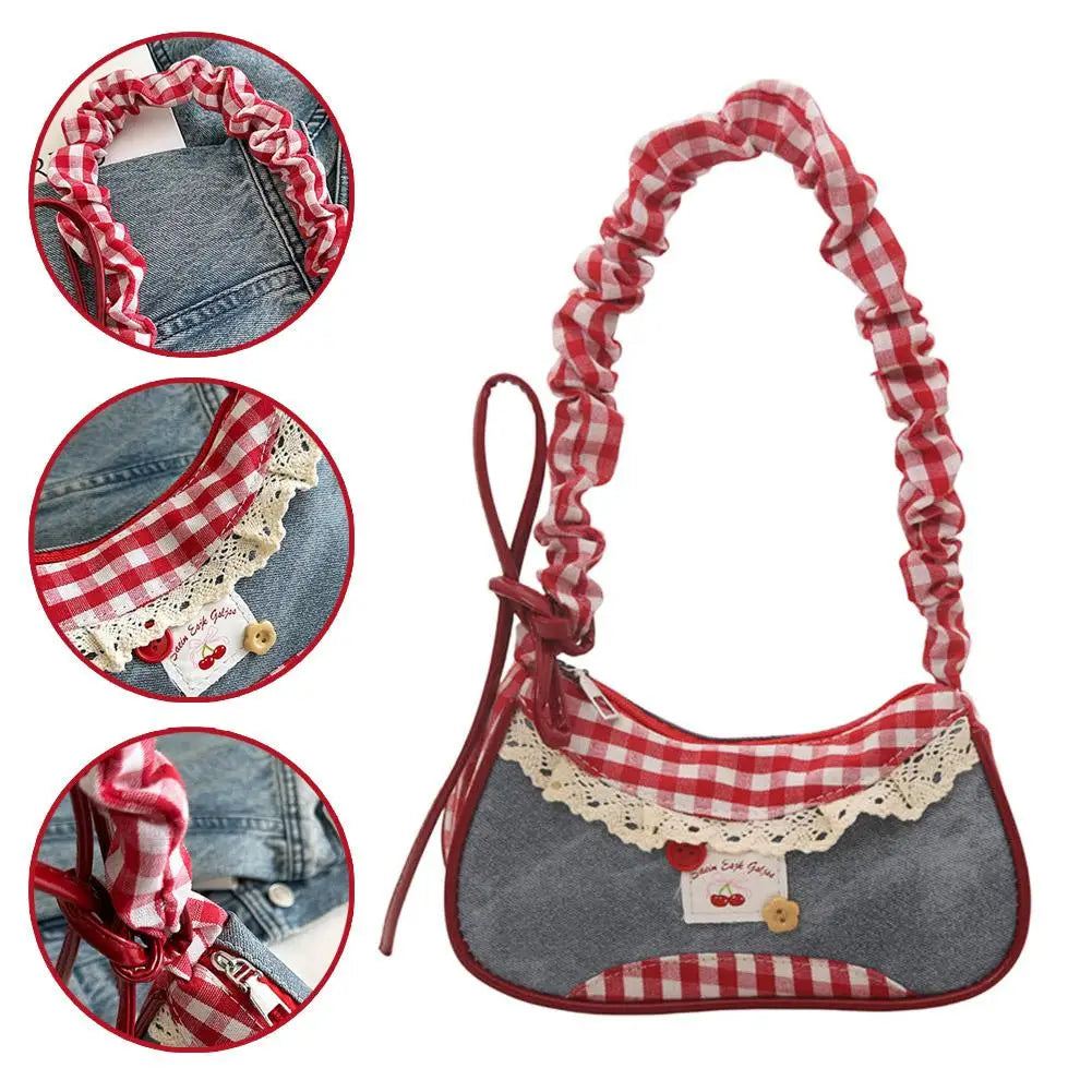Women Grid Shoulder Bag Lace Ribbon Underarm Handbag