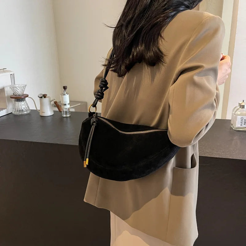 Women Faux Suede Shoulder Bag Underarm Crossbody Dumpling Bag