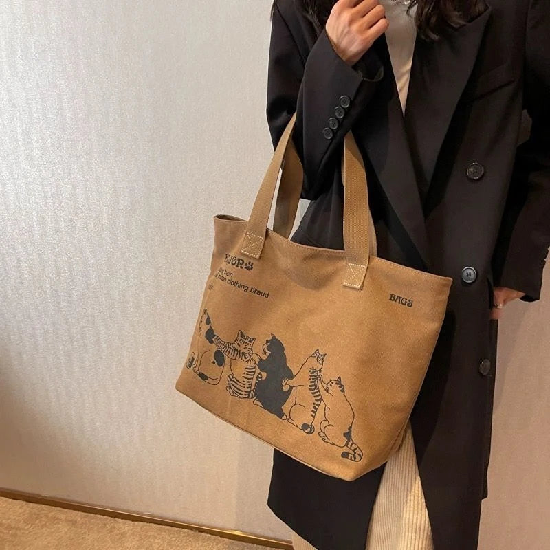 Women Canvas Tote Bag Large Capacity Zipper Shoulder Bag Work Handbag