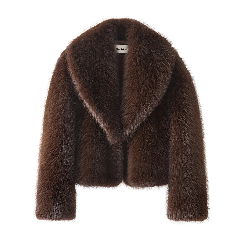 Women Faux Fur Short Coat Shawl Collar Winter Street Fashion Chic Overcoat
