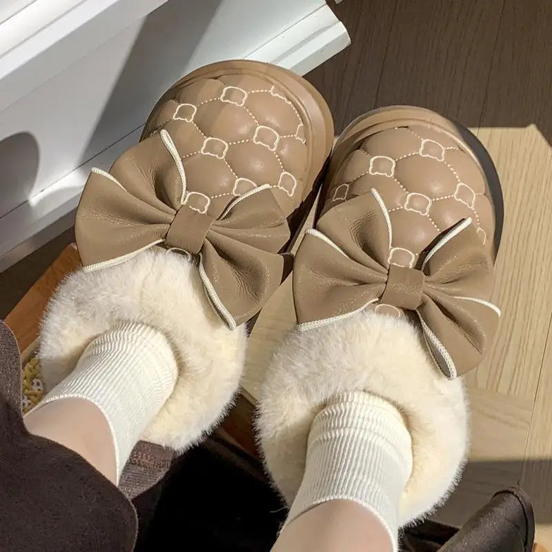 Women Winter Platform Ankle Boots Fluffy Indoor Slippers Bow Warm House Shoes