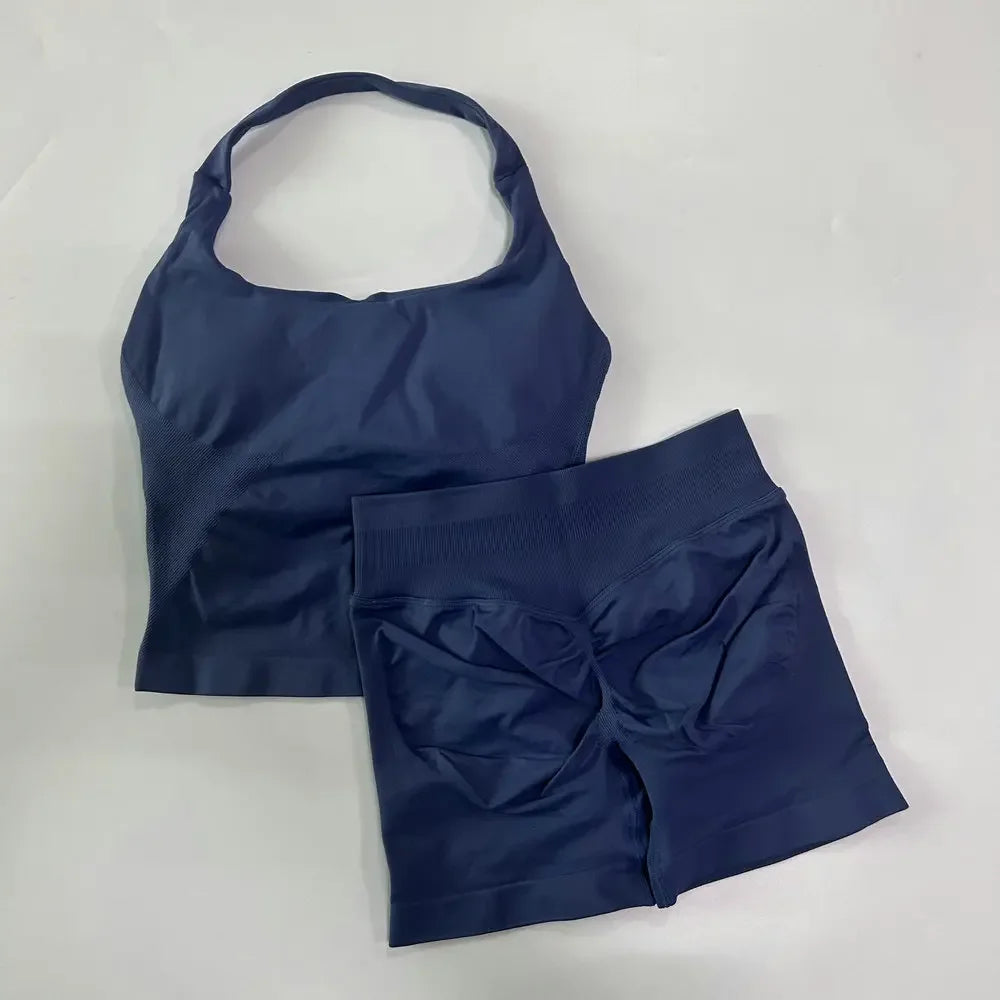 Yoga Set Women Seamless Tank Top High Waist Scrunch Shorts Gym Workout Set