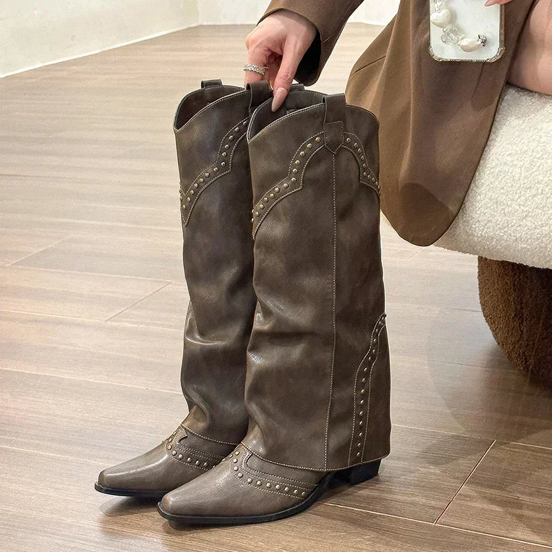 Women Cowgirl Boots Slip On Square Heel Long Pipe Retro Winter Boots