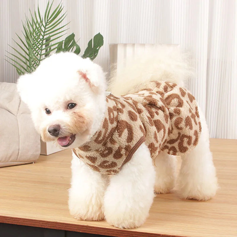 Small Dog Leopard Fleece Dress Hoodie Winter Pet Pullover Vest