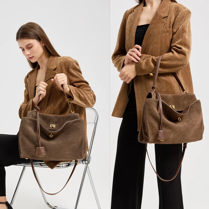 Women Suede Leather Tote Bag Large Capacity Shoulder Handbag