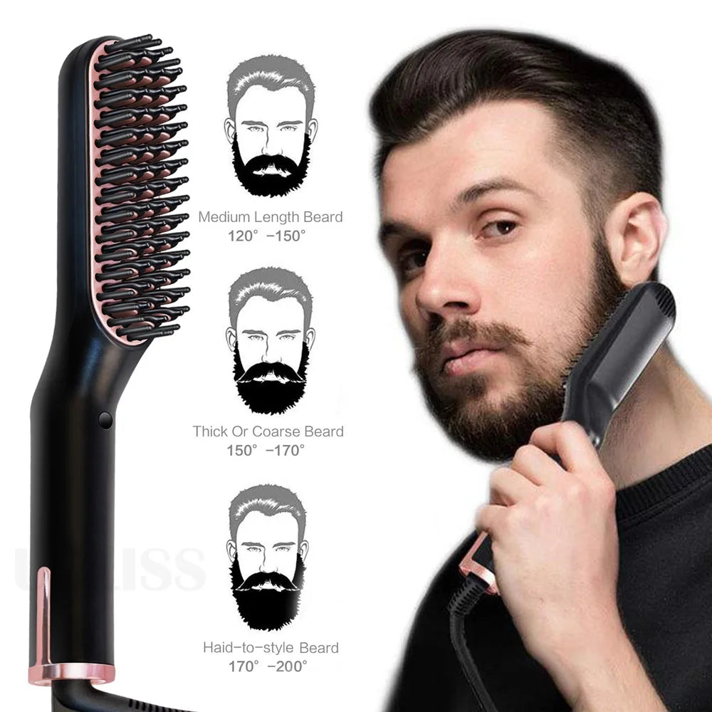 Men Electric Beard Straightener Negative Ion Hair Straightening Brush Wet Dry Quick Styler