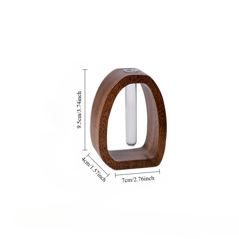 Solid Wood Flower Vase Glass Insert Mini Hydroponic Plant Holder Decor