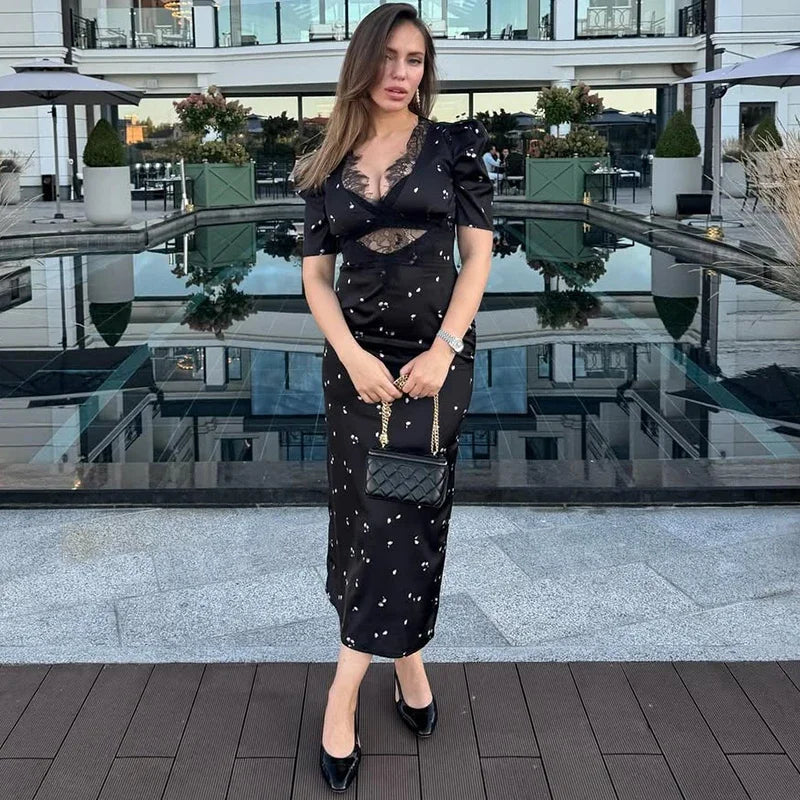 Women Lace Hollow Elegant Summer Dress High Waist Slim Fit Party Club Dress