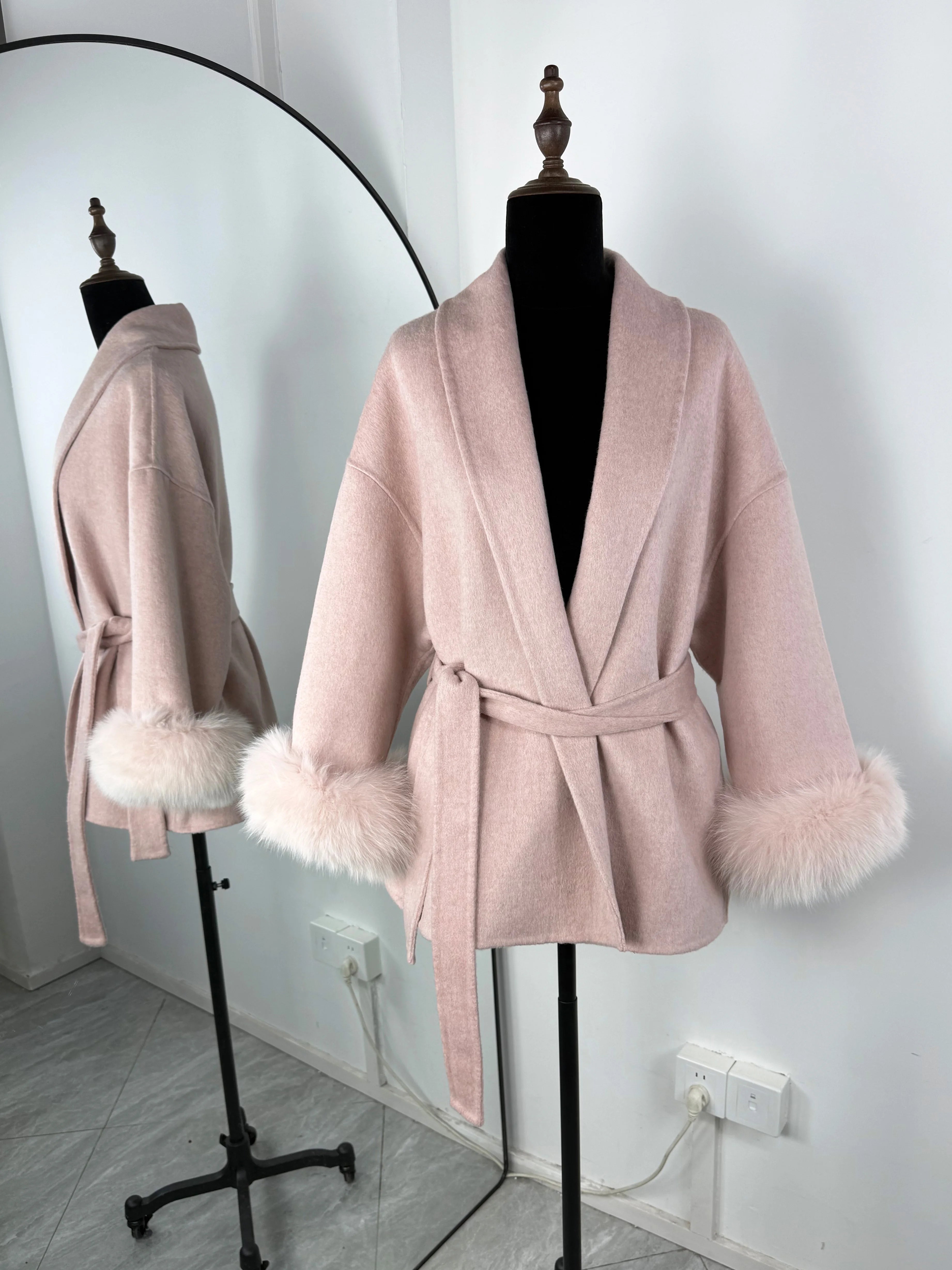 Women Wool Coat Faux Fur Collar Short Double Sided Elegant Jacket