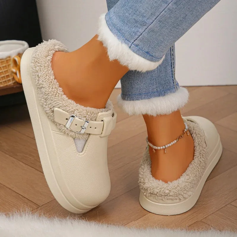 Furry Mule Slippers Women Buckle Winter Plush Warm Indoor Shoes Thick Sole Cozy Slides