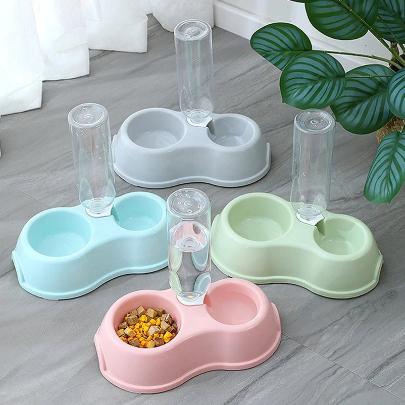 Pet Automatic Feeder Bowl with Water Dispenser Raised Double Dish for Dog Cat