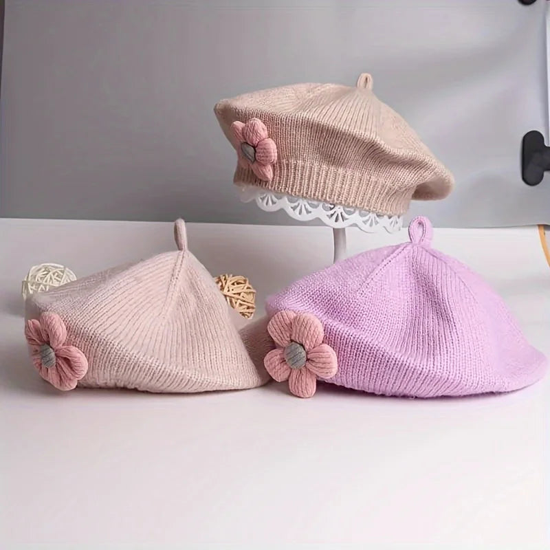 Baby Girl Flower Beret Warm Knit Beanie Hat
