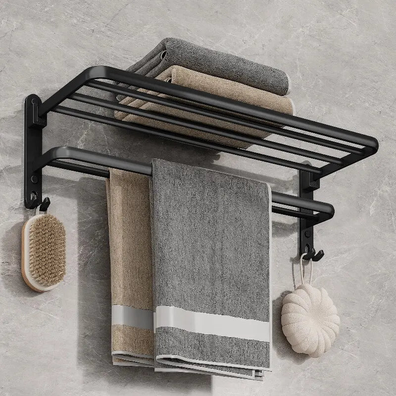 Matte Black Folding Towel Rack Wall Mount Aluminum Holder with Hook 50cm