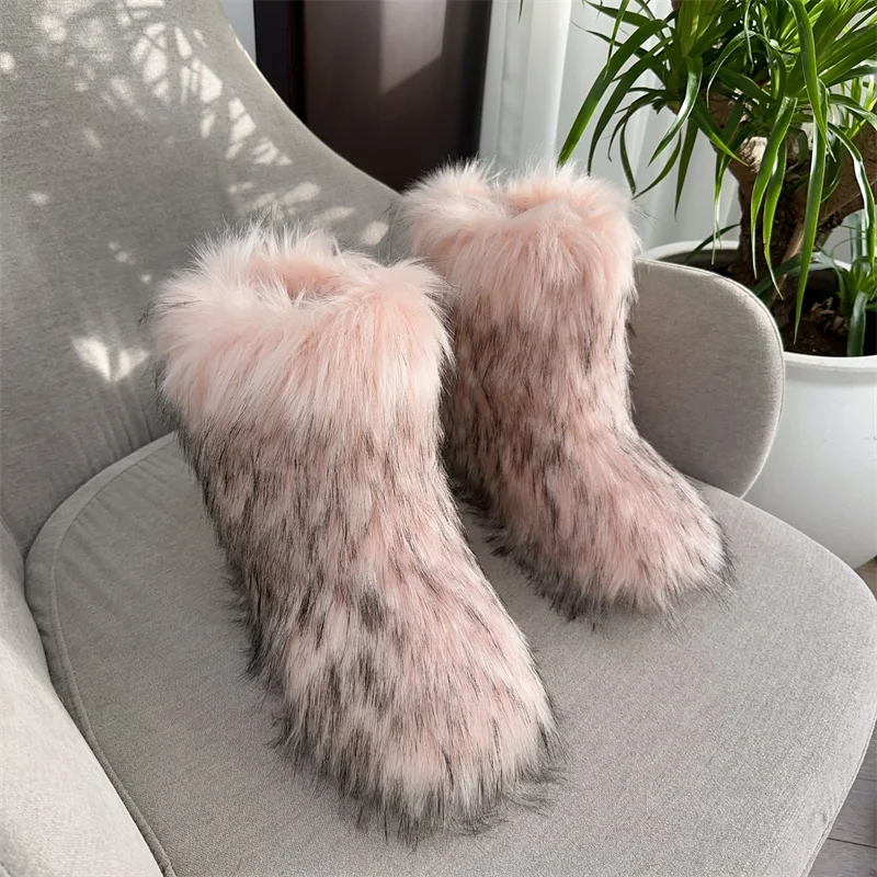 Women Fur Snow Boots Warm Mid Calf Winter Shoes