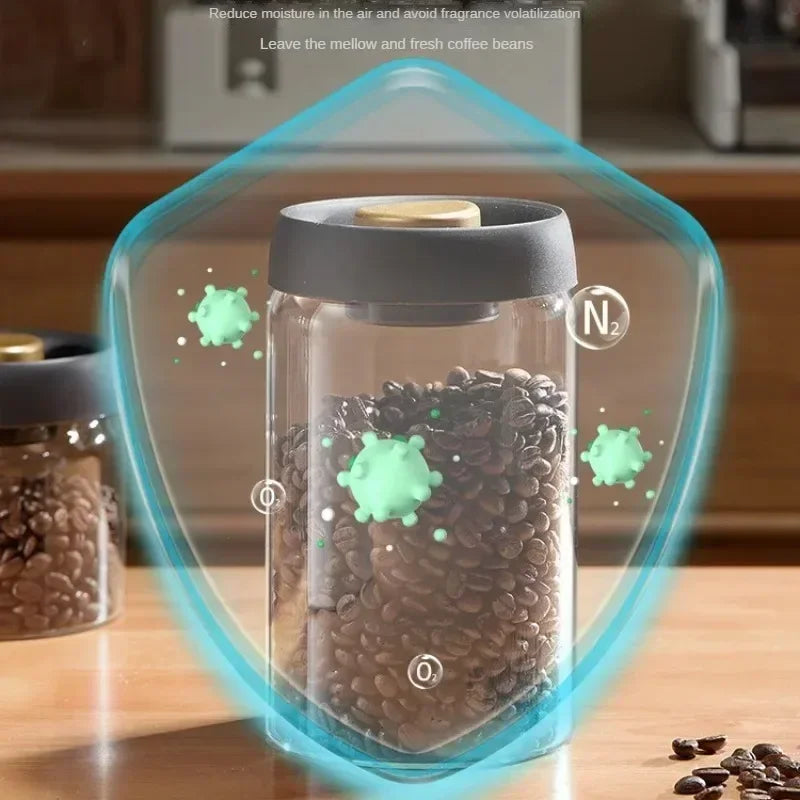 Glass Coffee Bean Storage Jar Vacuum Sealed Moisture Proof Black Lid Canister