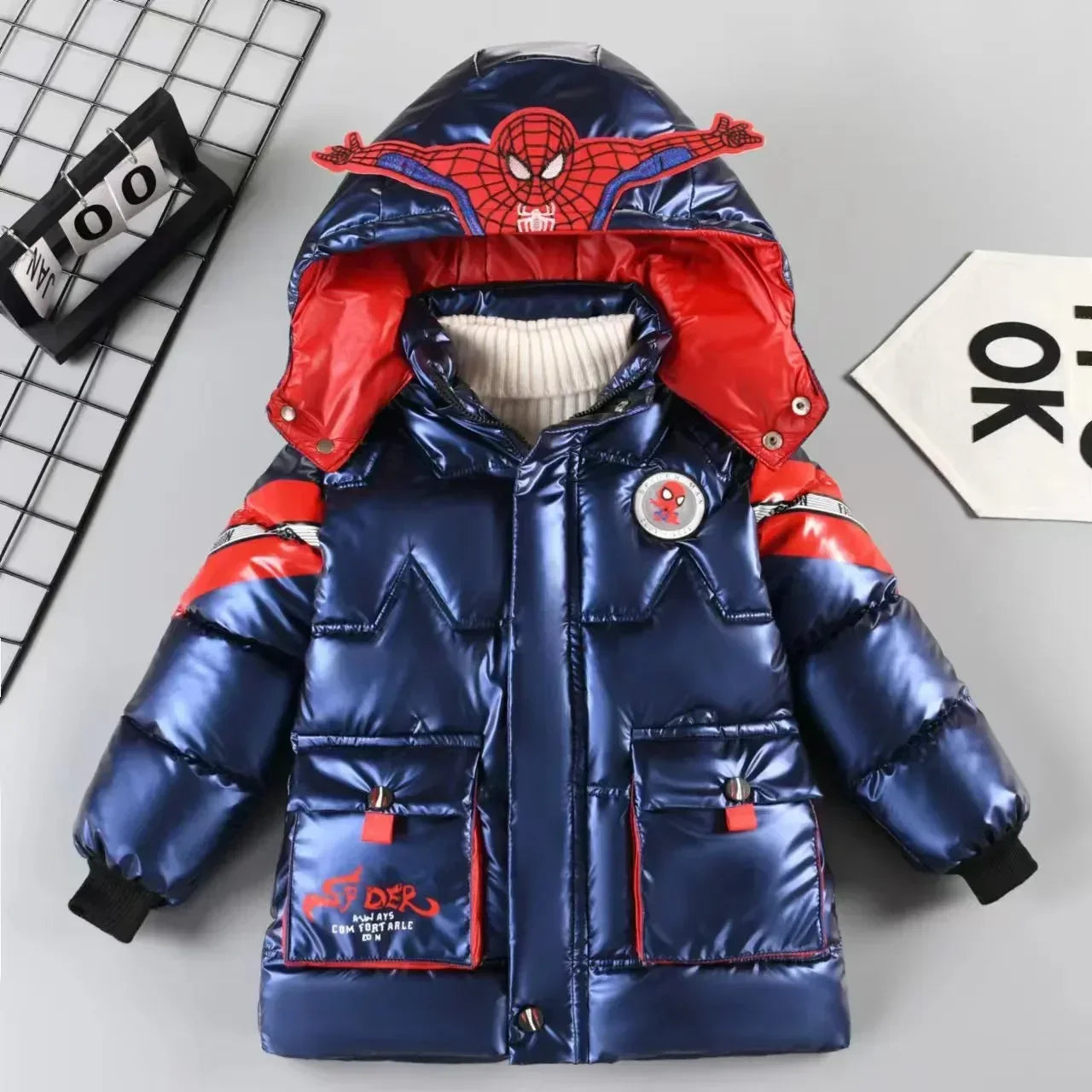 Kids Spider Hero Winter Hooded Puffer Jacket Warm Cotton Parka