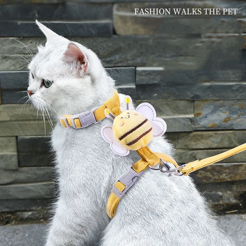 Cat Harness and Leash Set Adjustable Cartoon Bee Design for Small Pets