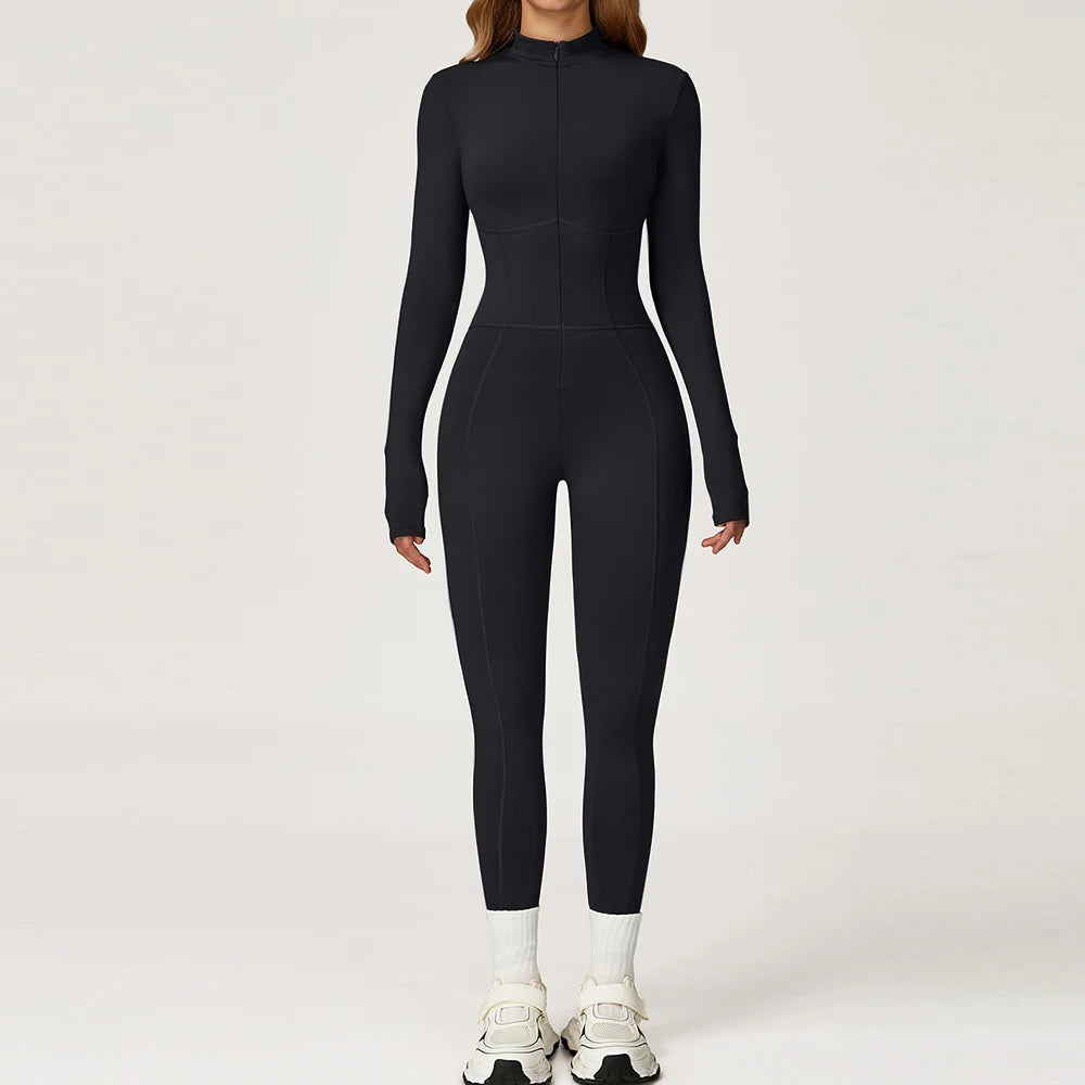 Women Winter Sports Jumpsuit Fleece Warm Fitness Bodysuit Long Sleeve Gym Outfit