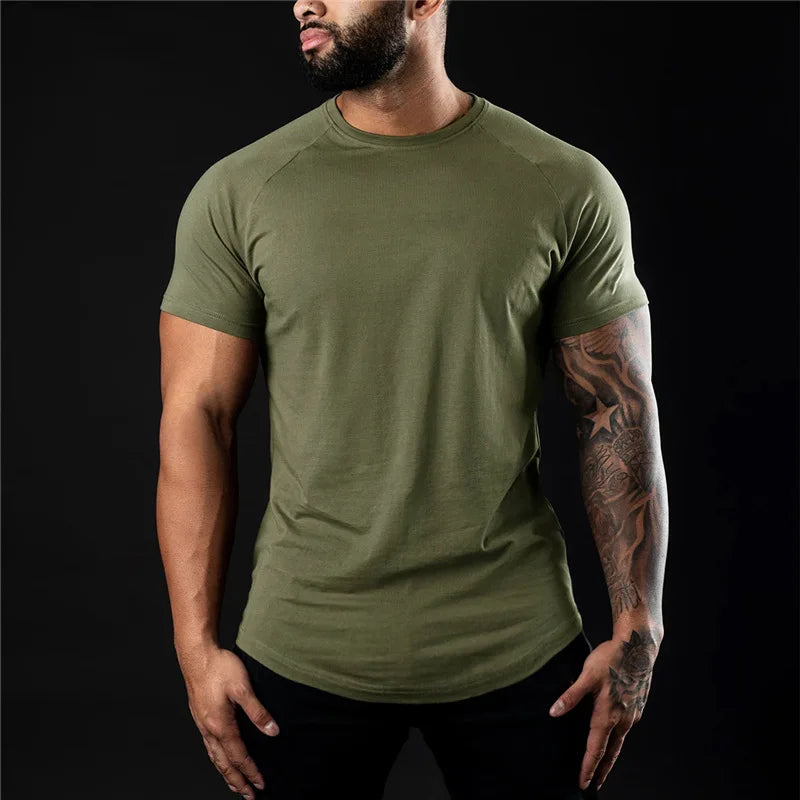 Men Gym Cotton T Shirt Slim Fit O Neck Short Sleeve Workout Fitness Tee