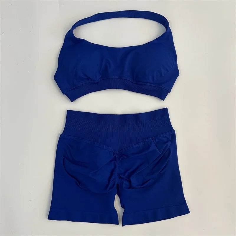Seamless Yoga Set Halter Sports Bra Scrunch Shorts Gym Workout Fitness Set