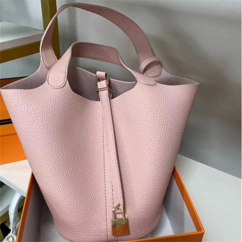 Women Bucket Handbag Soft PU Litchi Pattern Tote Bag with Lock and Scarf