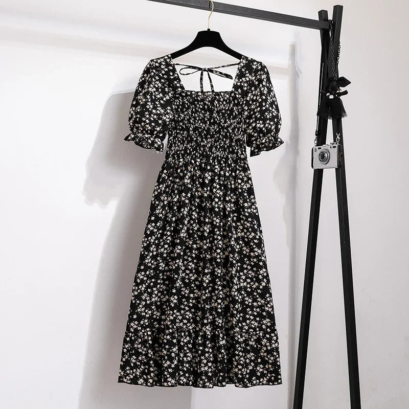 Women’s Chiffon A-Line Dress Short Sleeve Pleated Elastic Waist Casual Summer Dress