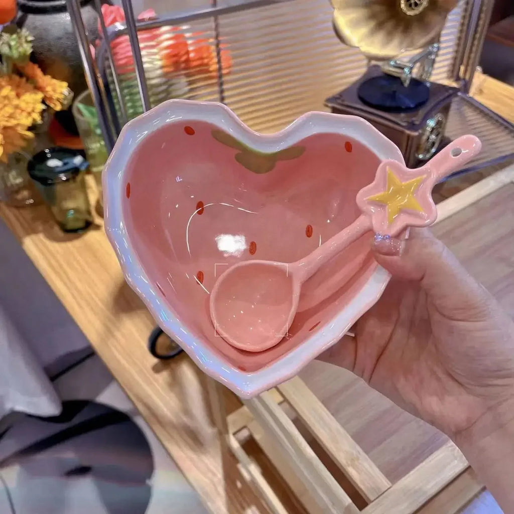 Strawberry Ceramic Ramen Bowl with Spoon Cute Anti Scald Instant Noodle Bowl