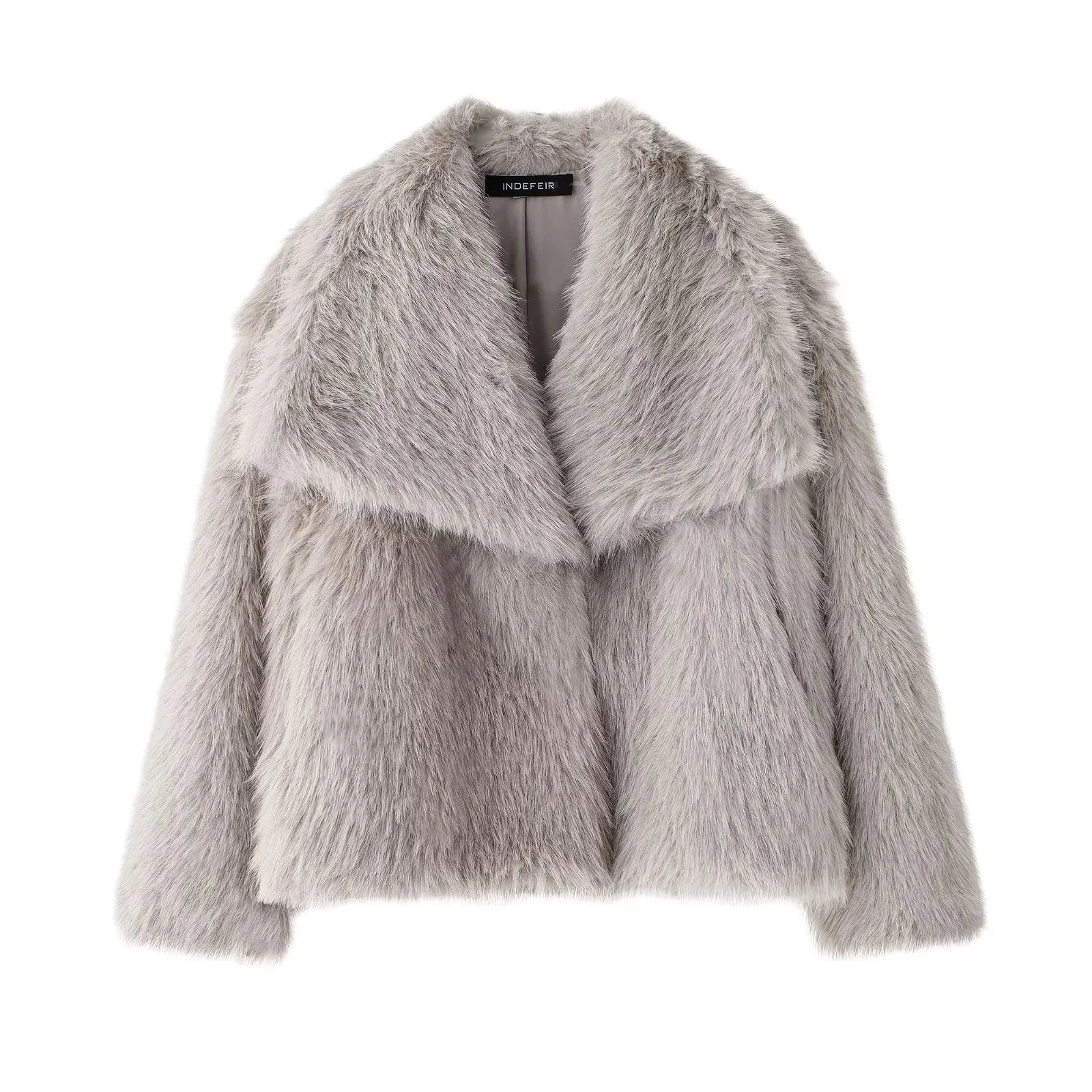 Women Brown Faux Fur Jacket Oversized Turn Down Collar Elegant Spring Summer Coat