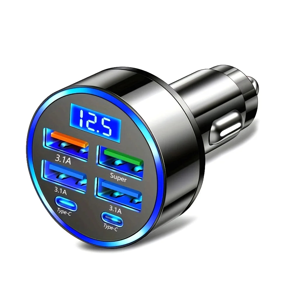 6-in-1 Fast Charging Car Charger – Dual USB & Type-C Ports with LED Voltage Display