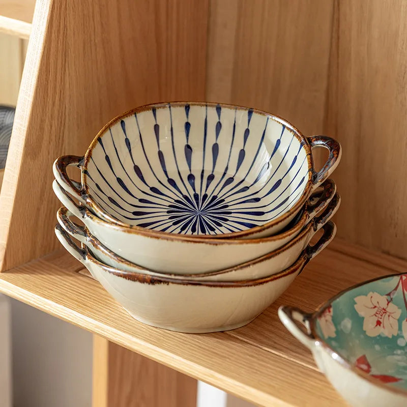Ceramic Noodle Bowl 7.5 Inch Handle Soup Salad Pasta Microwave Safe Tableware