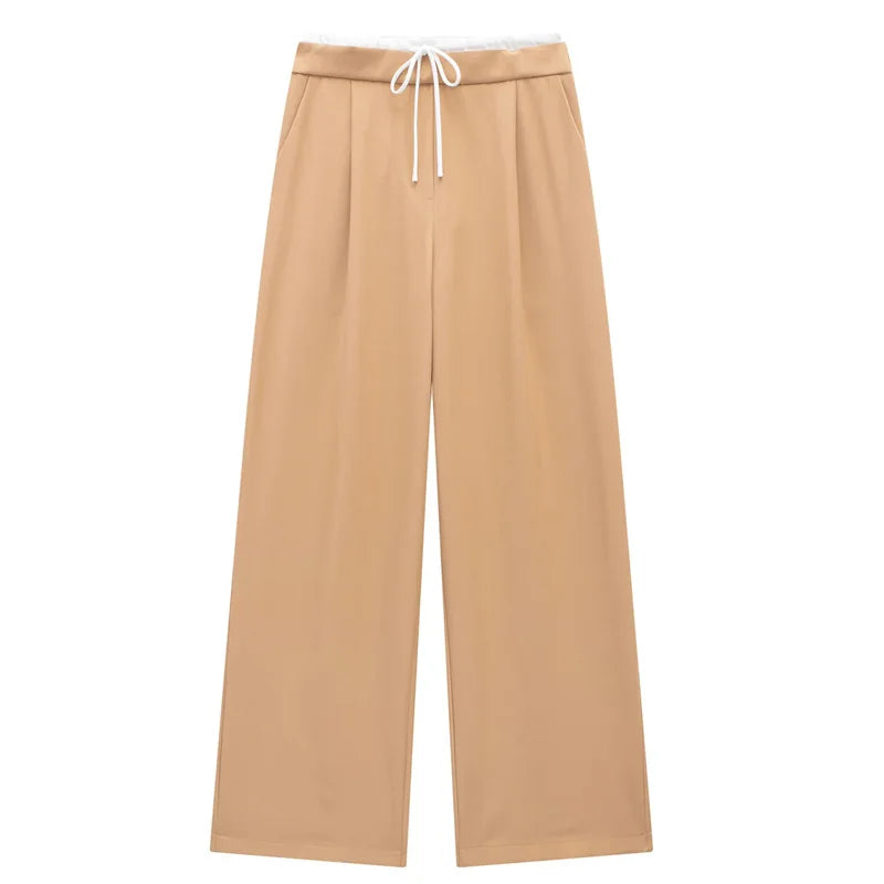 Women Pleated Baggy Pants Lace Up High Waist Casual Office Trousers