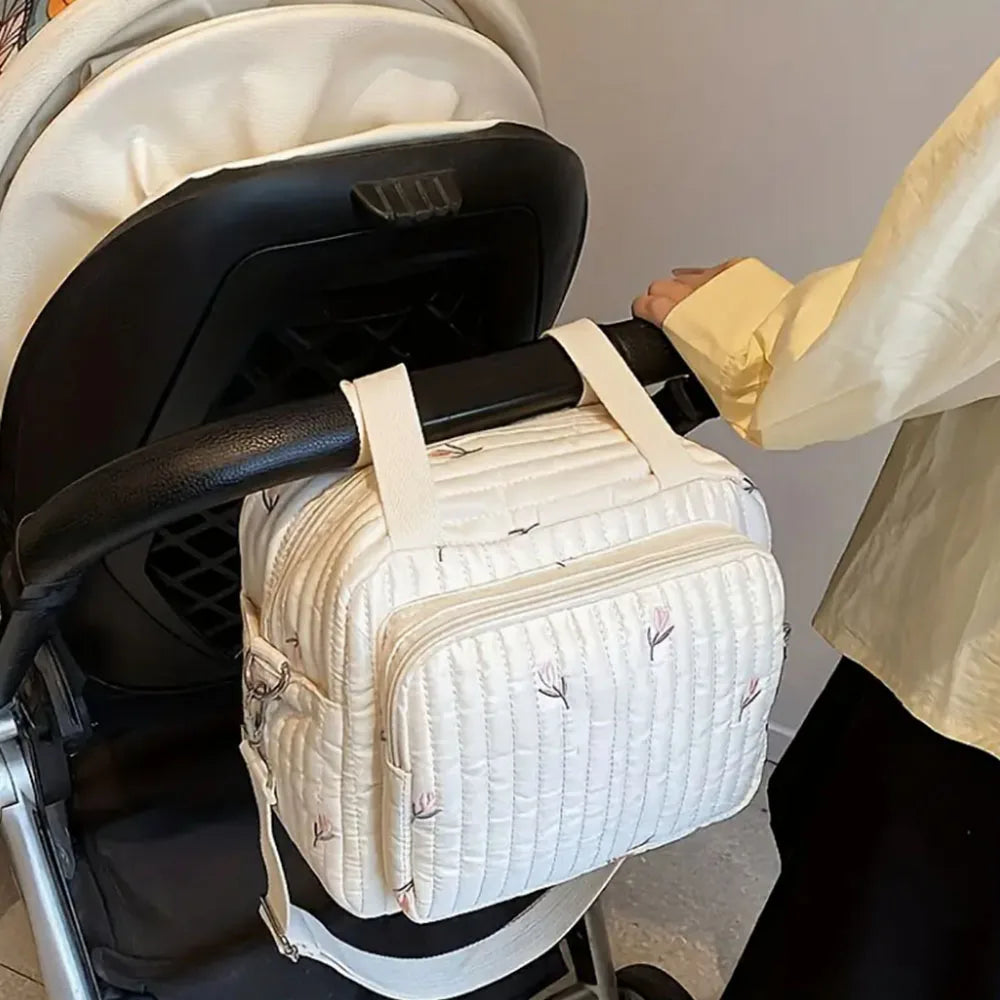 Nylon Crossbody Diaper Bag Bear Tulip Embroidery with Stroller Clip