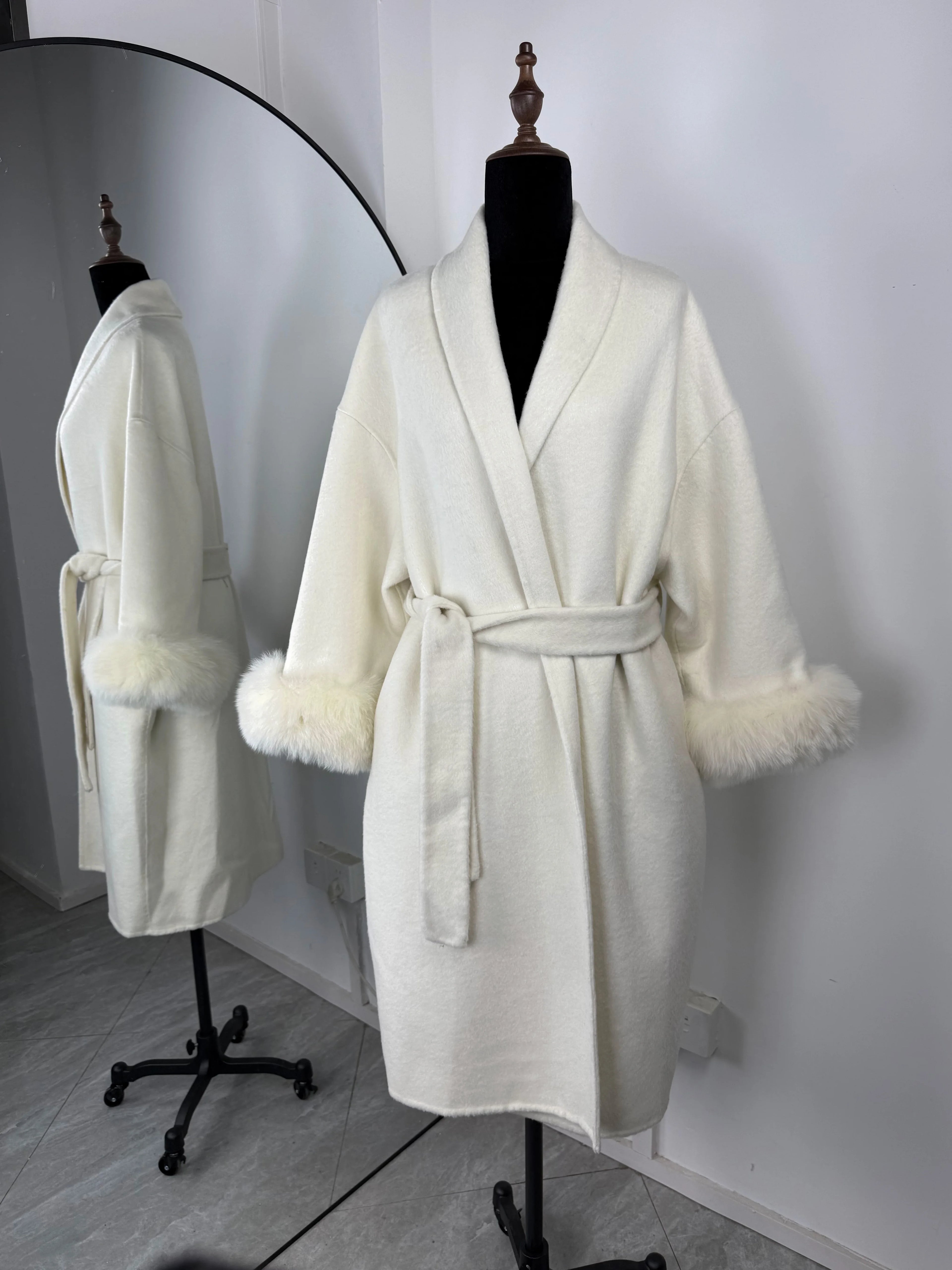 Women Wool Coat Faux Fur Collar Short Double Sided Elegant Jacket