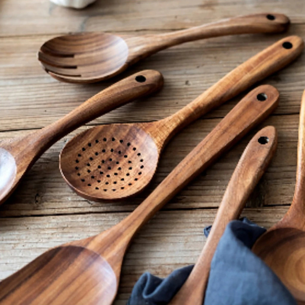 Wood Kitchen Cooking Utensil Set Spatula Spoon Fork Salad Baking Tools with Holder