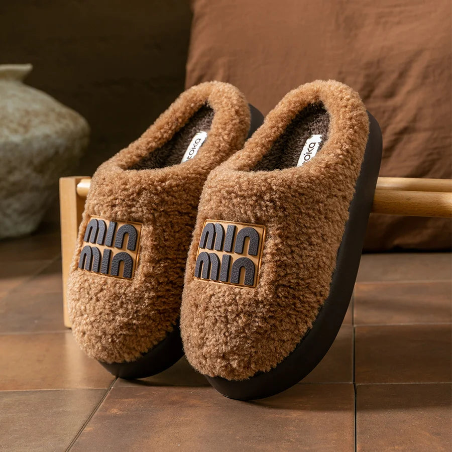 Women Plush Cotton Slippers Thick Sole Winter Indoor Warm Non Slip Home Shoes