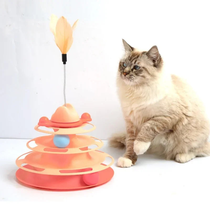 Four Layer Cat Rotating Ball Tower Toy with Feather Stick