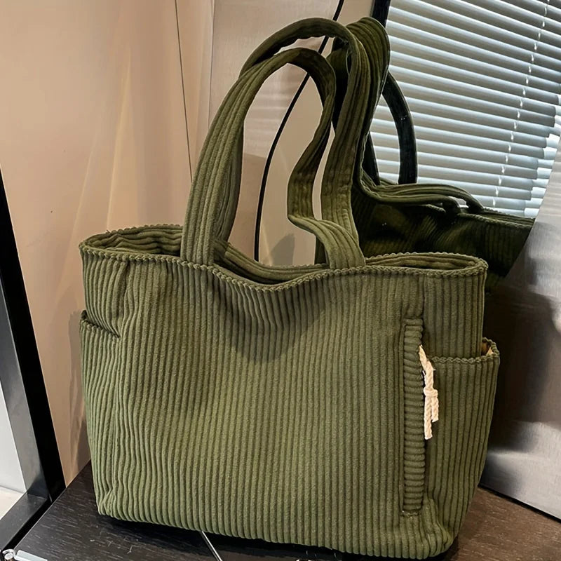 Corduroy Shoulder Handbag Large Capacity Zipper Casual Daily Tote Bag