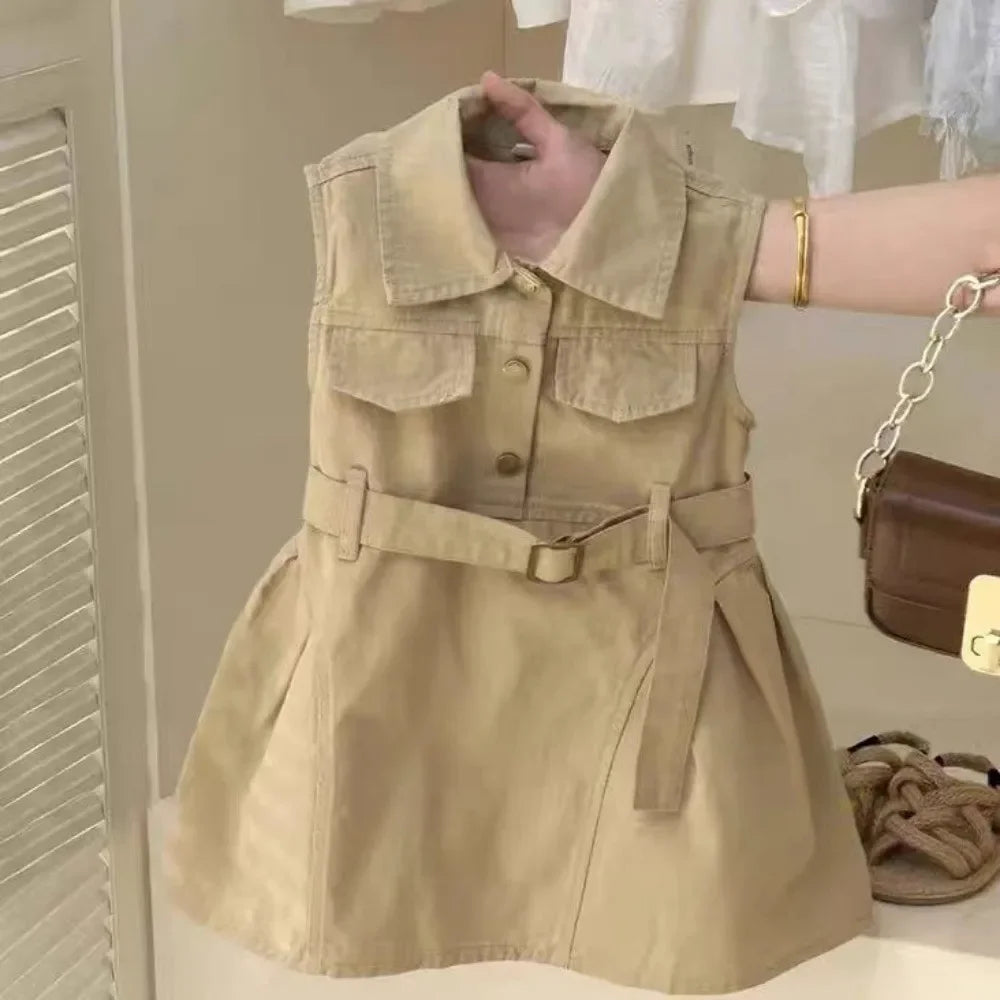 Girls Summer Sleeveless Dress with Waistband Solid Color Kids Outfit