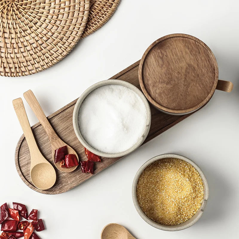 Ceramic Seasoning Jar with Bamboo Lid Spoon Japanese Spice Container Kitchen Storage